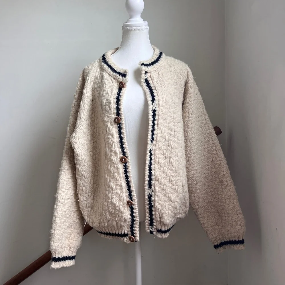 Vintage Chunky Cardigan Sweater Cream Basketweave Hand Knit Button Up Oversized